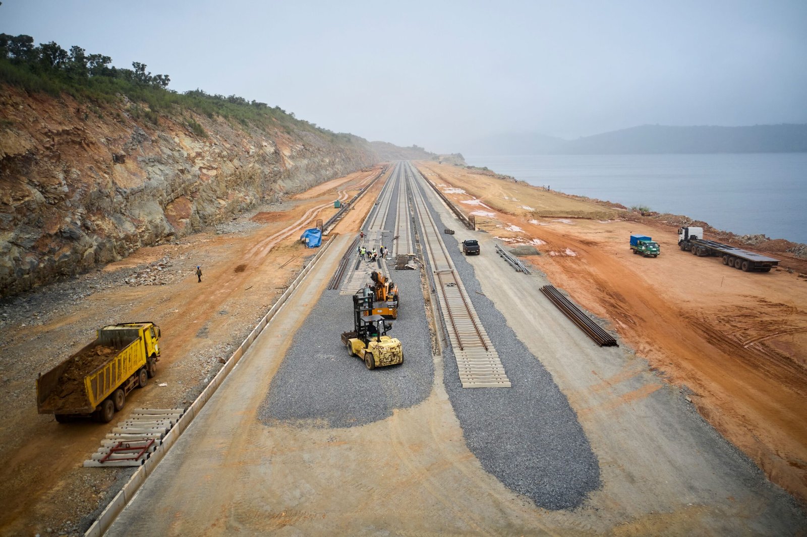 A bird's eye view of a train track construction site